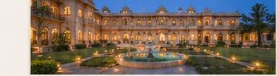 Jawai Badal Mahal heritage palace lit up at dusk